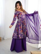 Attractive Purple Floral Printed Silk Festival Wear Palazzo Suit With Dupatta