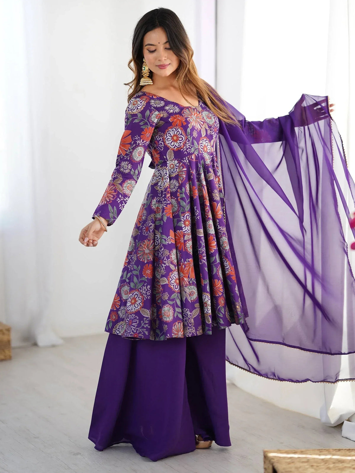 Attractive Purple Floral Printed Silk Festival Wear Palazzo Suit With Dupatta