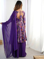 Attractive Purple Floral Printed Silk Festival Wear Palazzo Suit With Dupatta
