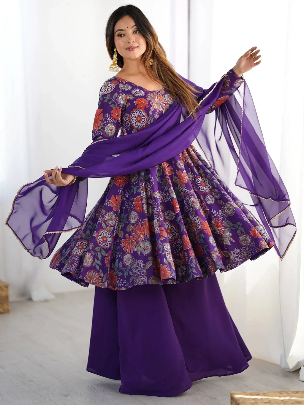 Attractive Purple Floral Printed Silk Festival Wear Palazzo Suit With Dupatta