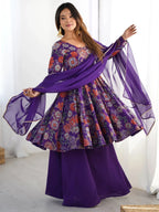 Attractive Purple Floral Printed Silk Festival Wear Palazzo Suit With Dupatta