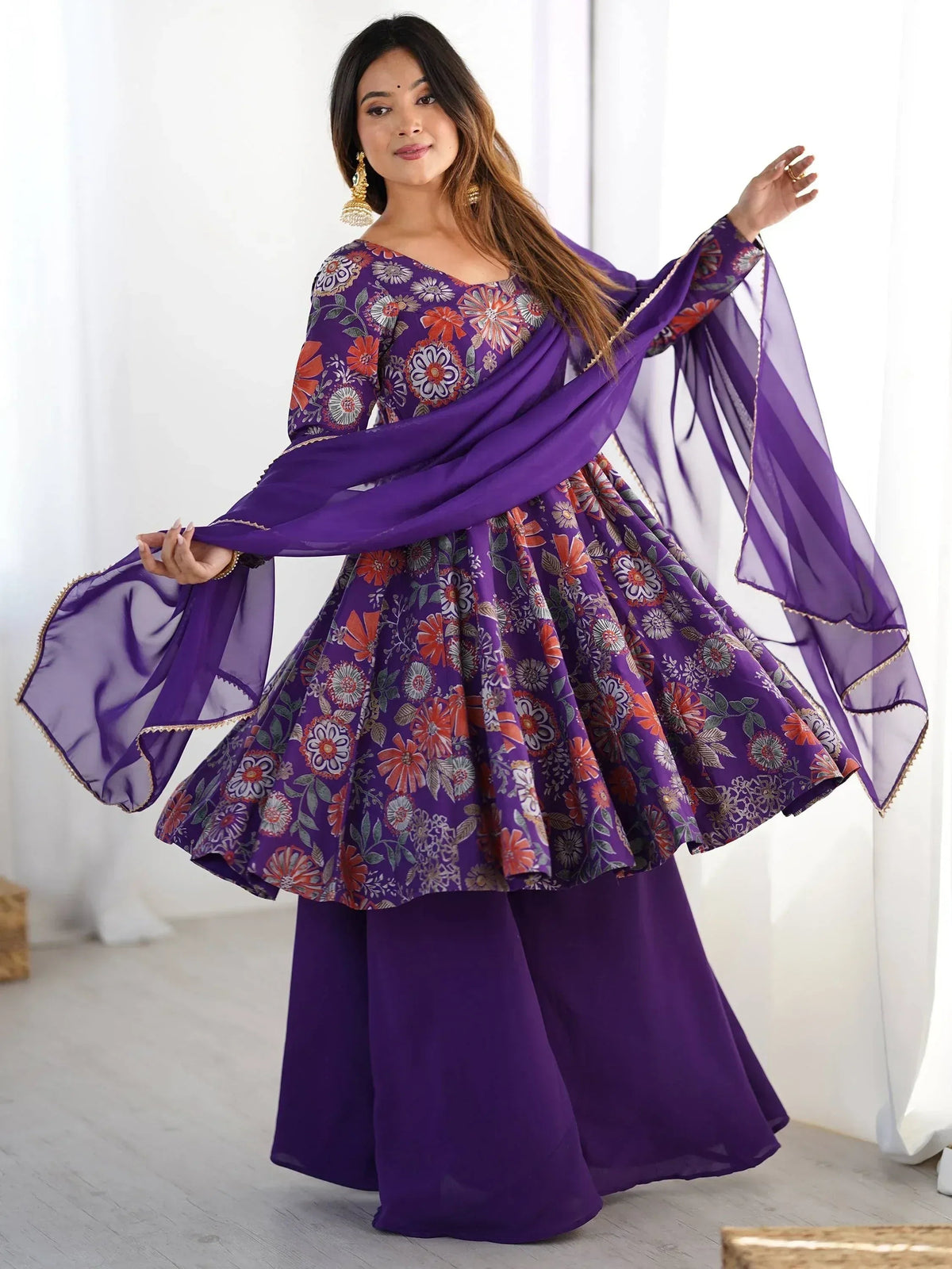Attractive Purple Floral Printed Silk Festival Wear Palazzo Suit With Dupatta