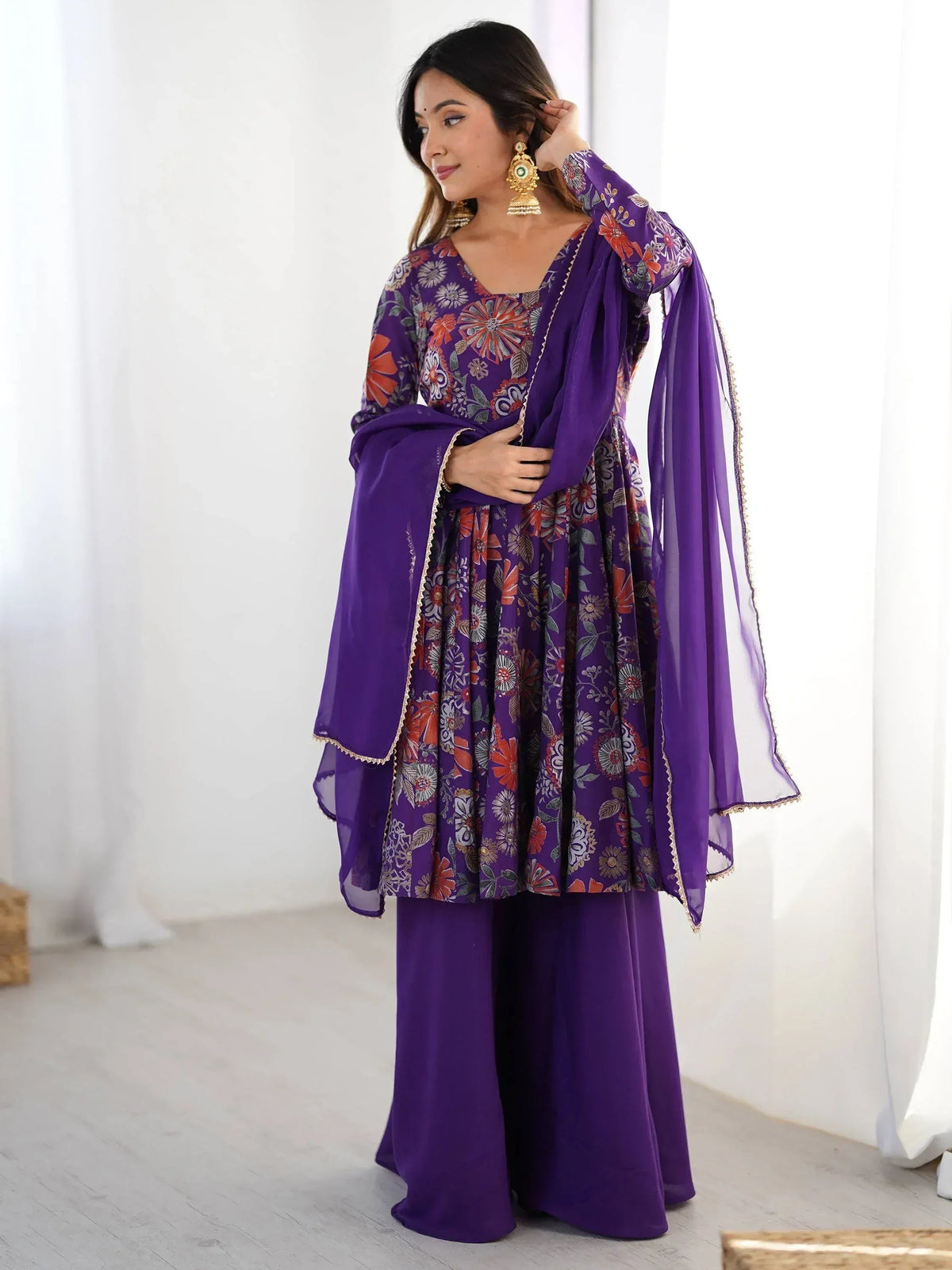Attractive Purple Floral Printed Silk Festival Wear Palazzo Suit With Dupatta