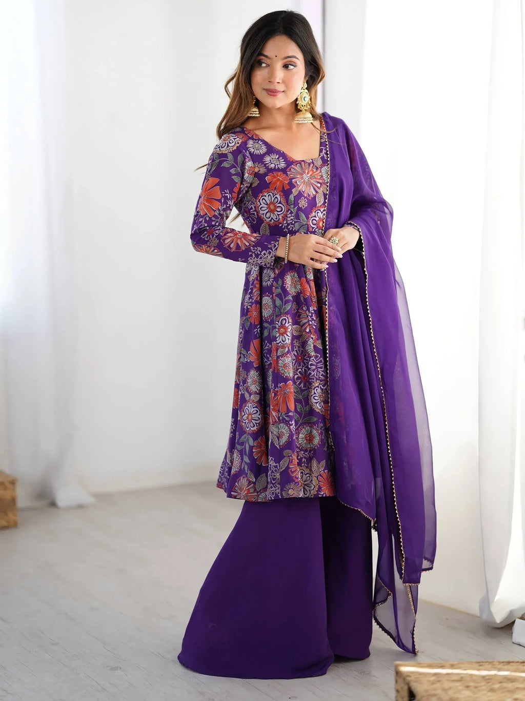 Attractive Purple Floral Printed Silk Festival Wear Palazzo Suit With Dupatta