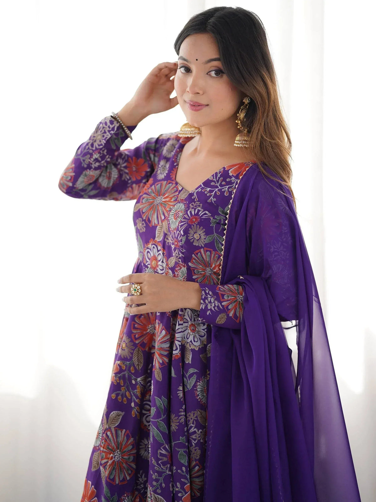 Attractive Purple Floral Printed Silk Festival Wear Palazzo Suit With Dupatta