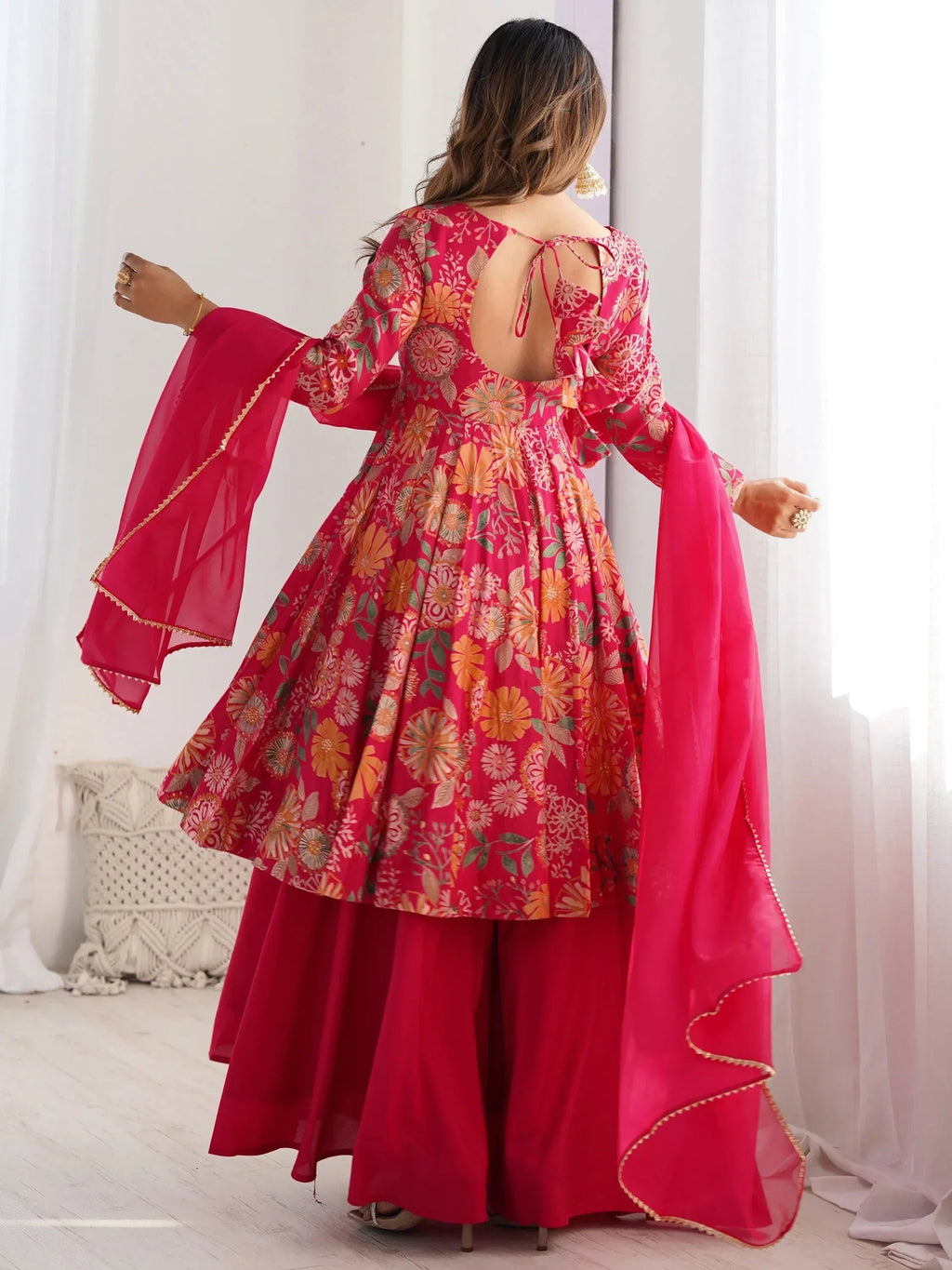 Attractive Rani Pink Floral Printed Silk Festival Wear Palazzo Suit With Dupatta