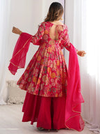 Attractive Rani Pink Floral Printed Silk Festival Wear Palazzo Suit With Dupatta