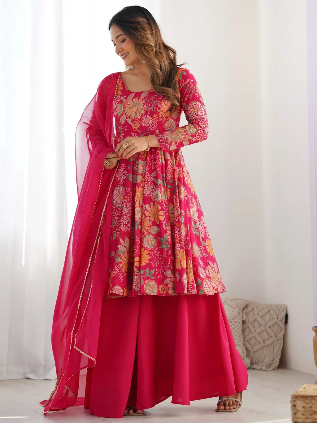 Attractive Rani Pink Floral Printed Silk Festival Wear Palazzo Suit With Dupatta