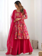 Attractive Rani Pink Floral Printed Silk Festival Wear Palazzo Suit With Dupatta