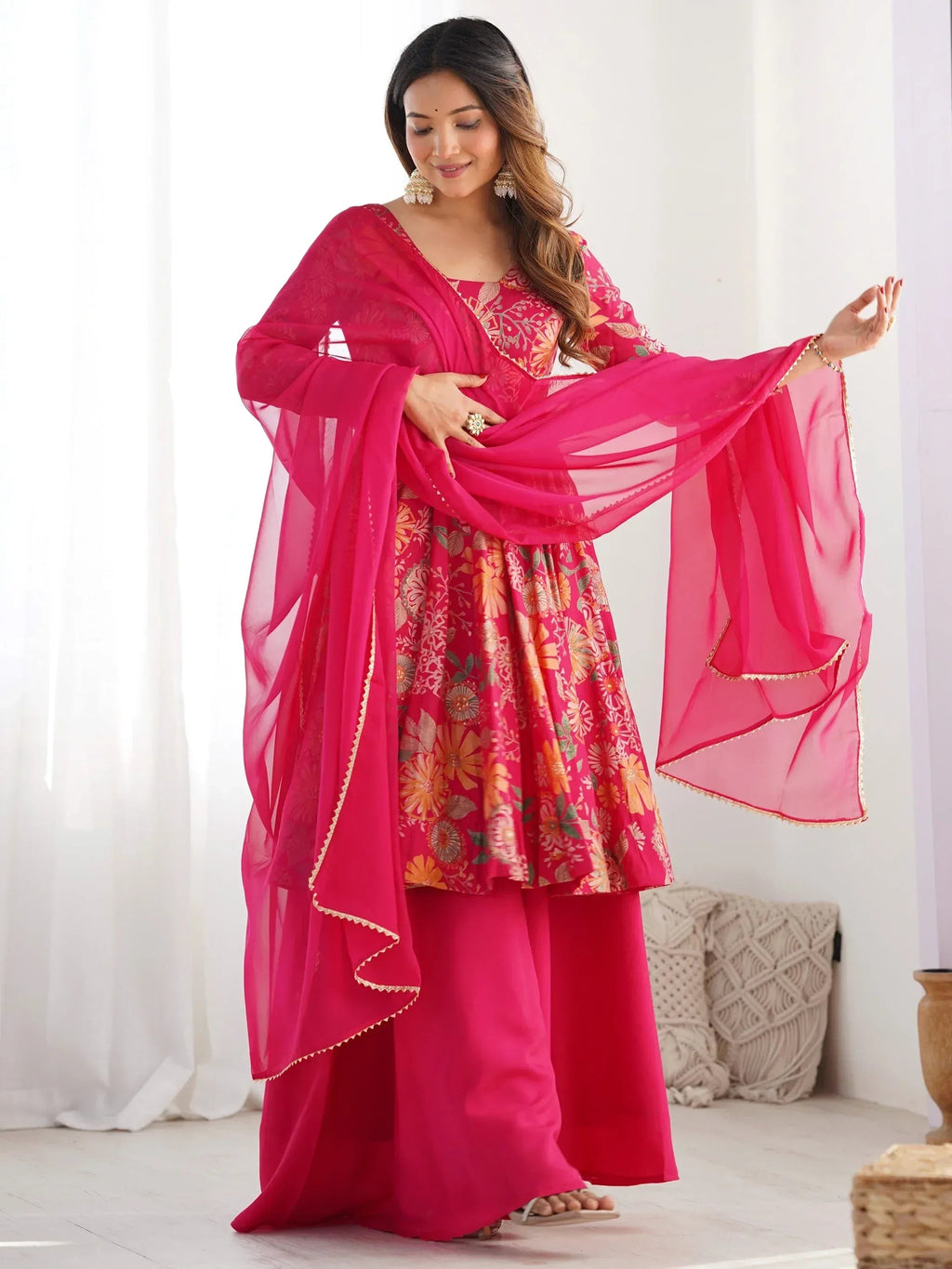 Attractive Rani Pink Floral Printed Silk Festival Wear Palazzo Suit With Dupatta