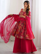 Attractive Rani Pink Floral Printed Silk Festival Wear Palazzo Suit With Dupatta