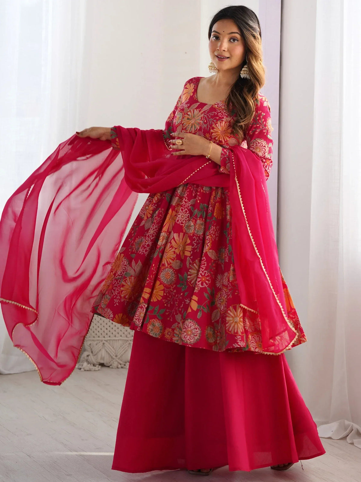 Attractive Rani Pink Floral Printed Silk Festival Wear Palazzo Suit With Dupatta