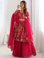 Attractive Rani Pink Floral Printed Silk Festival Wear Palazzo Suit With Dupatta