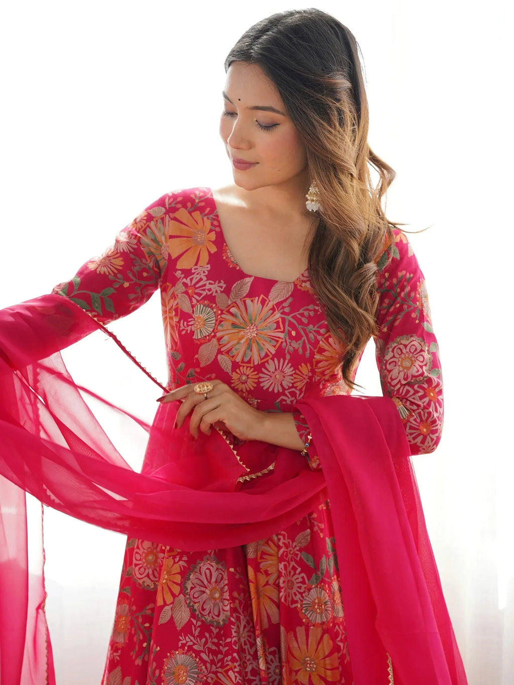 Attractive Rani Pink Floral Printed Silk Festival Wear Palazzo Suit With Dupatta