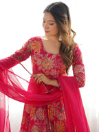Attractive Rani Pink Floral Printed Silk Festival Wear Palazzo Suit With Dupatta