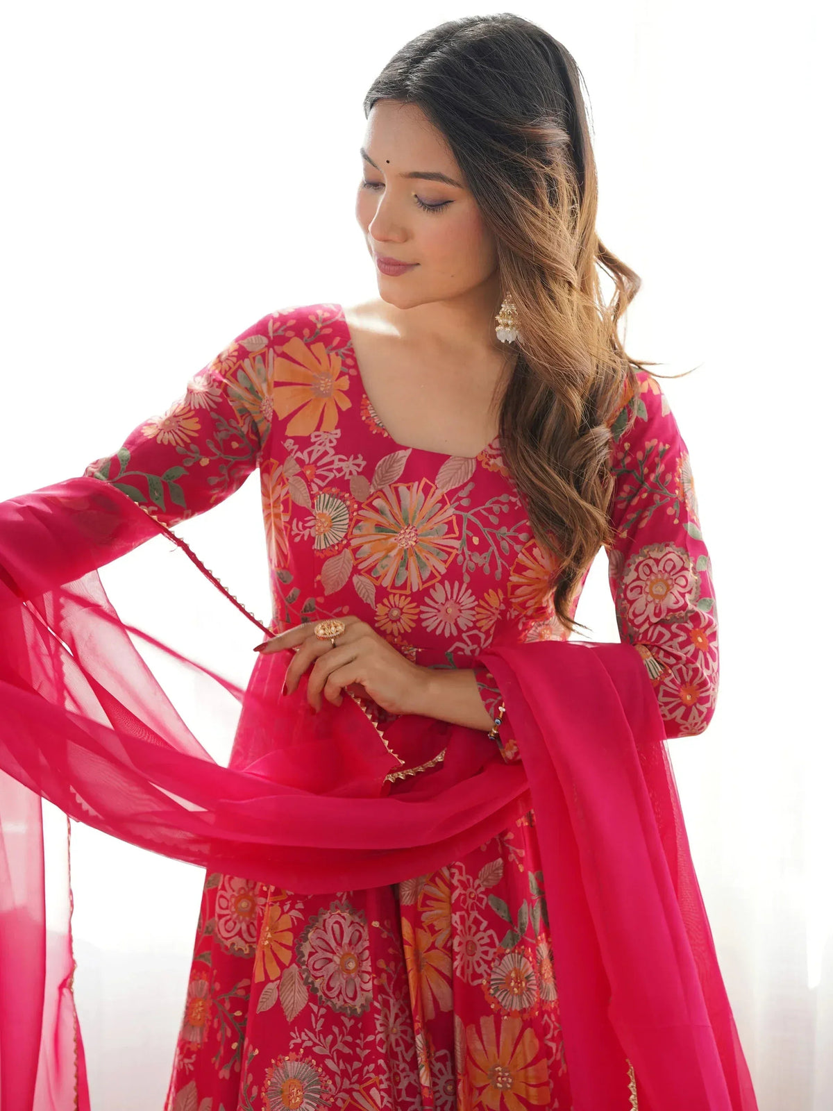 Attractive Rani Pink Floral Printed Silk Festival Wear Palazzo Suit With Dupatta