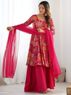 Attractive Rani Pink Floral Printed Silk Festival Wear Palazzo Suit With Dupatta