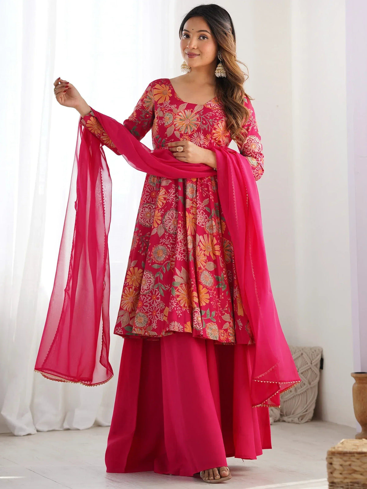 Attractive Rani Pink Floral Printed Silk Festival Wear Palazzo Suit With Dupatta