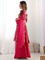Attractive Rani Pink Floral Printed Silk Festival Wear Palazzo Suit With Dupatta