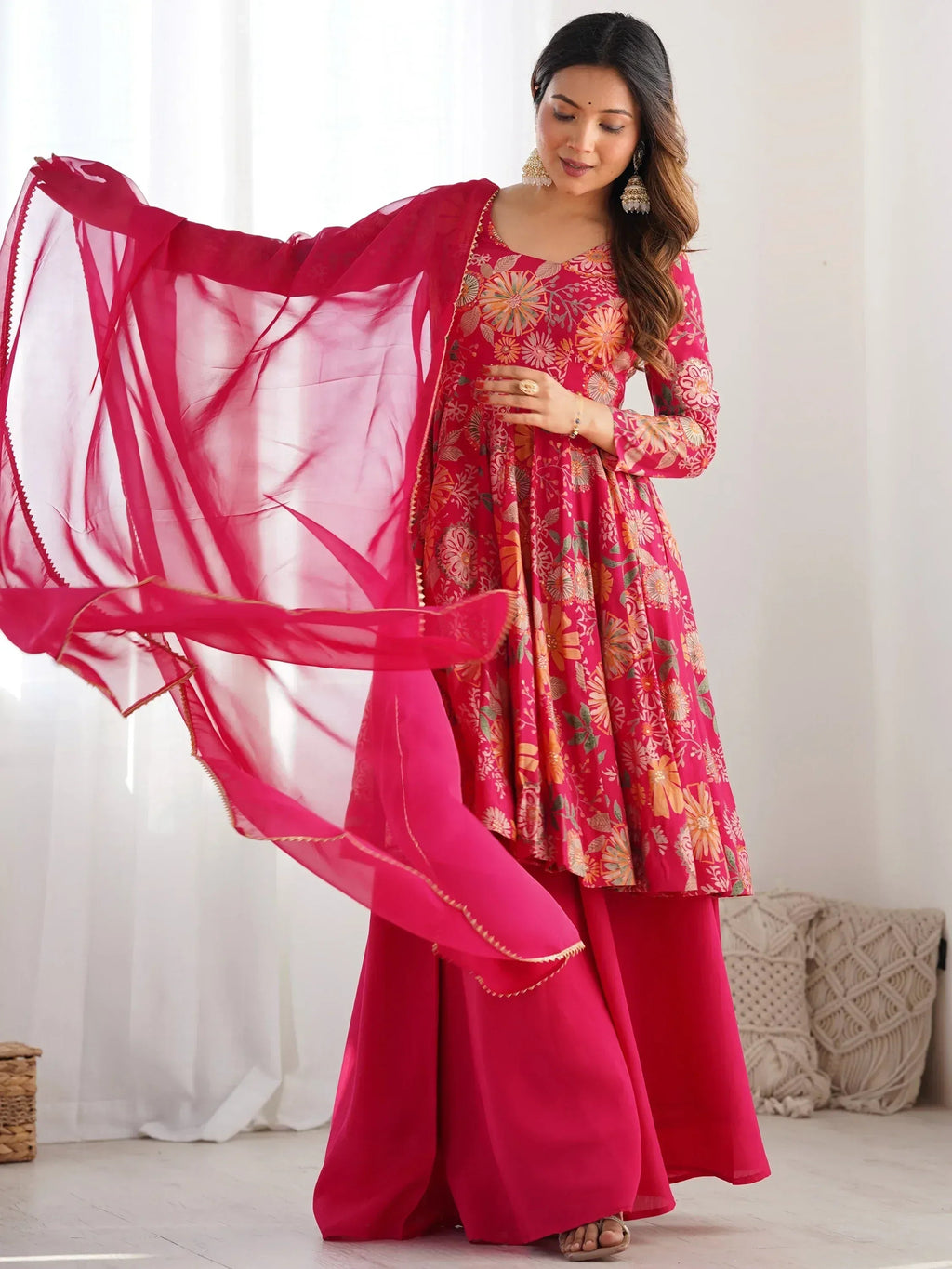 Attractive Rani Pink Floral Printed Silk Festival Wear Palazzo Suit With Dupatta