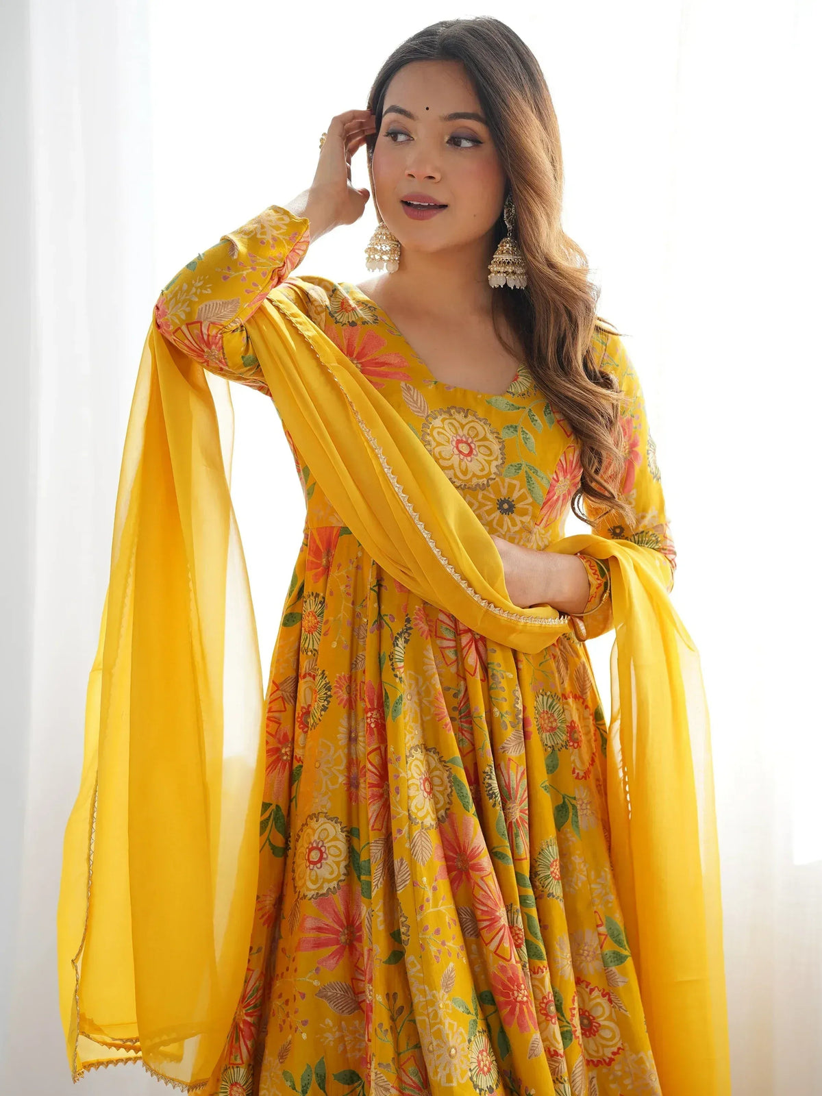 Attractive Yellow Floral Printed Silk Festival Wear Palazzo Suit With Dupatta
