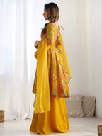 Attractive Yellow Floral Printed Silk Festival Wear Palazzo Suit With Dupatta