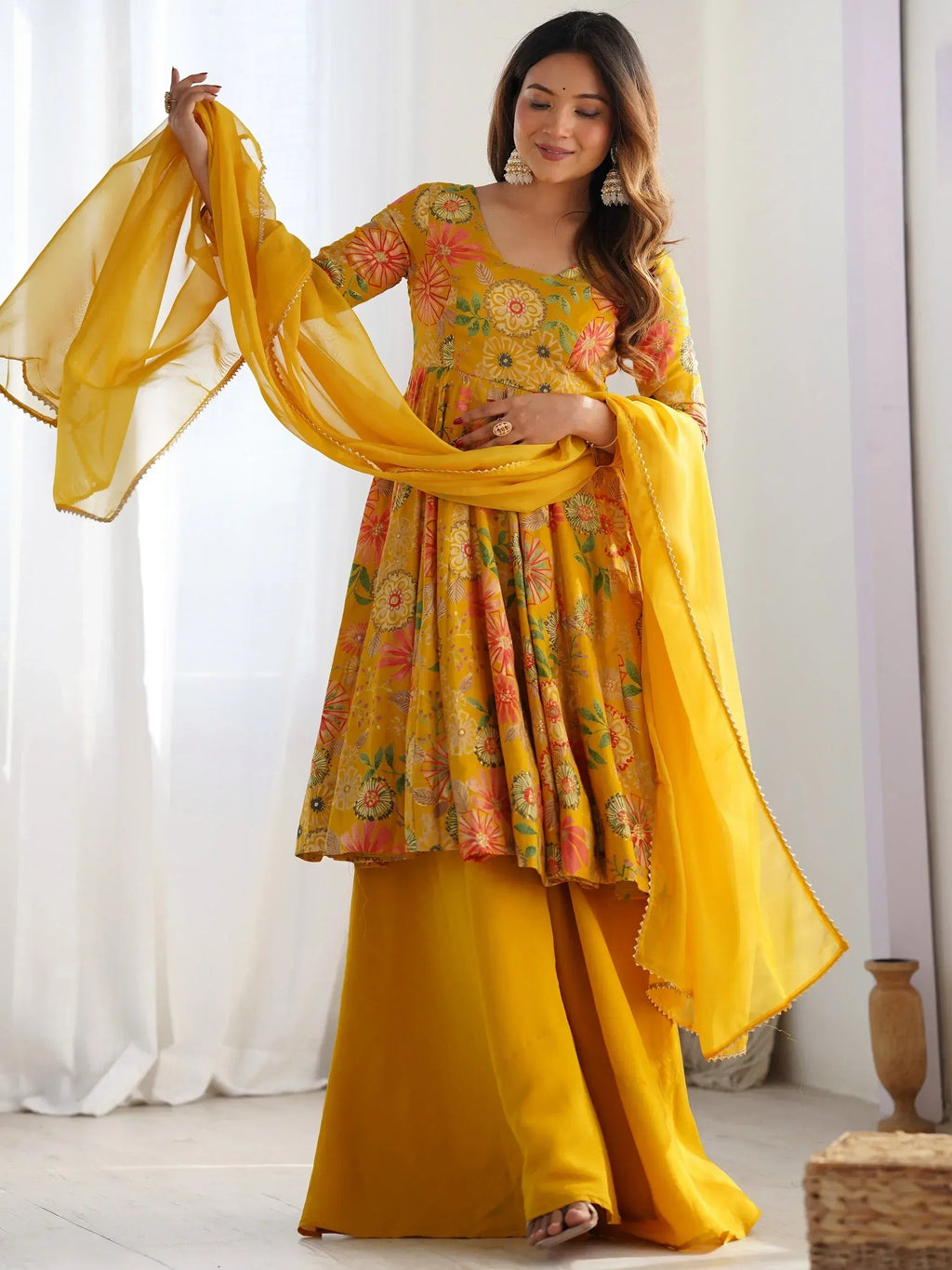 Attractive Yellow Floral Printed Silk Festival Wear Palazzo Suit With Dupatta