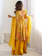 Attractive Yellow Floral Printed Silk Festival Wear Palazzo Suit With Dupatta