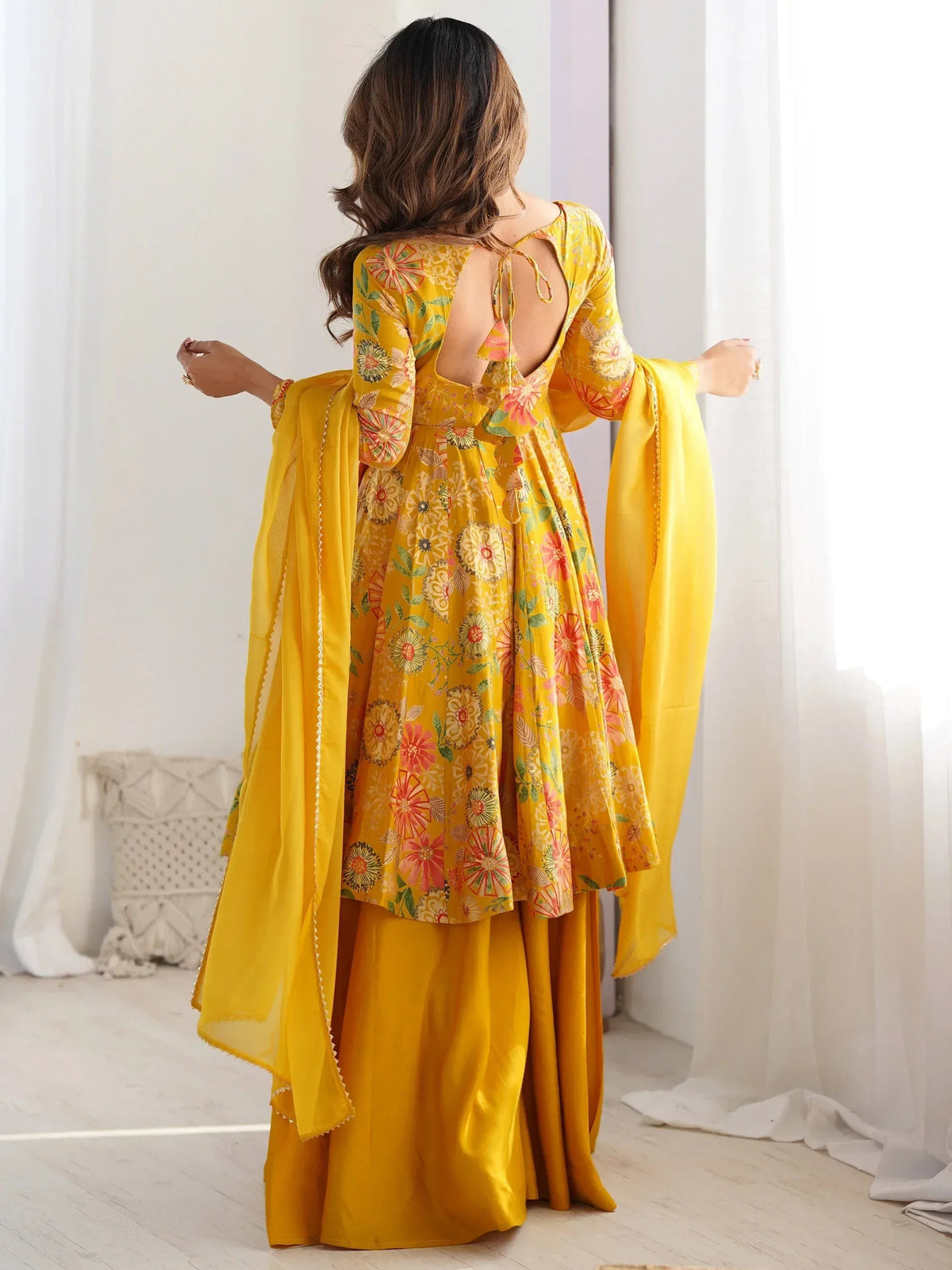Attractive Yellow Floral Printed Silk Festival Wear Palazzo Suit With Dupatta