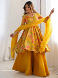 Attractive Yellow Floral Printed Silk Festival Wear Palazzo Suit With Dupatta