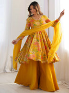Attractive Yellow Floral Printed Silk Festival Wear Palazzo Suit With Dupatta