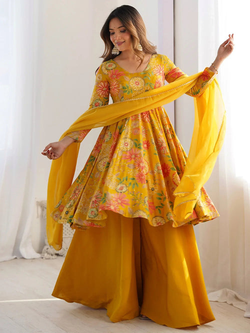 Attractive Yellow Floral Printed Silk Festival Wear Palazzo Suit With Dupatta