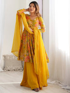 Attractive Yellow Floral Printed Silk Festival Wear Palazzo Suit With Dupatta