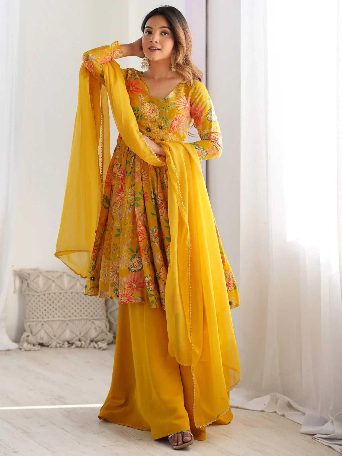 Attractive Yellow Floral Printed Silk Festival Wear Palazzo Suit With Dupatta