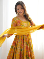 Attractive Yellow Floral Printed Silk Festival Wear Palazzo Suit With Dupatta