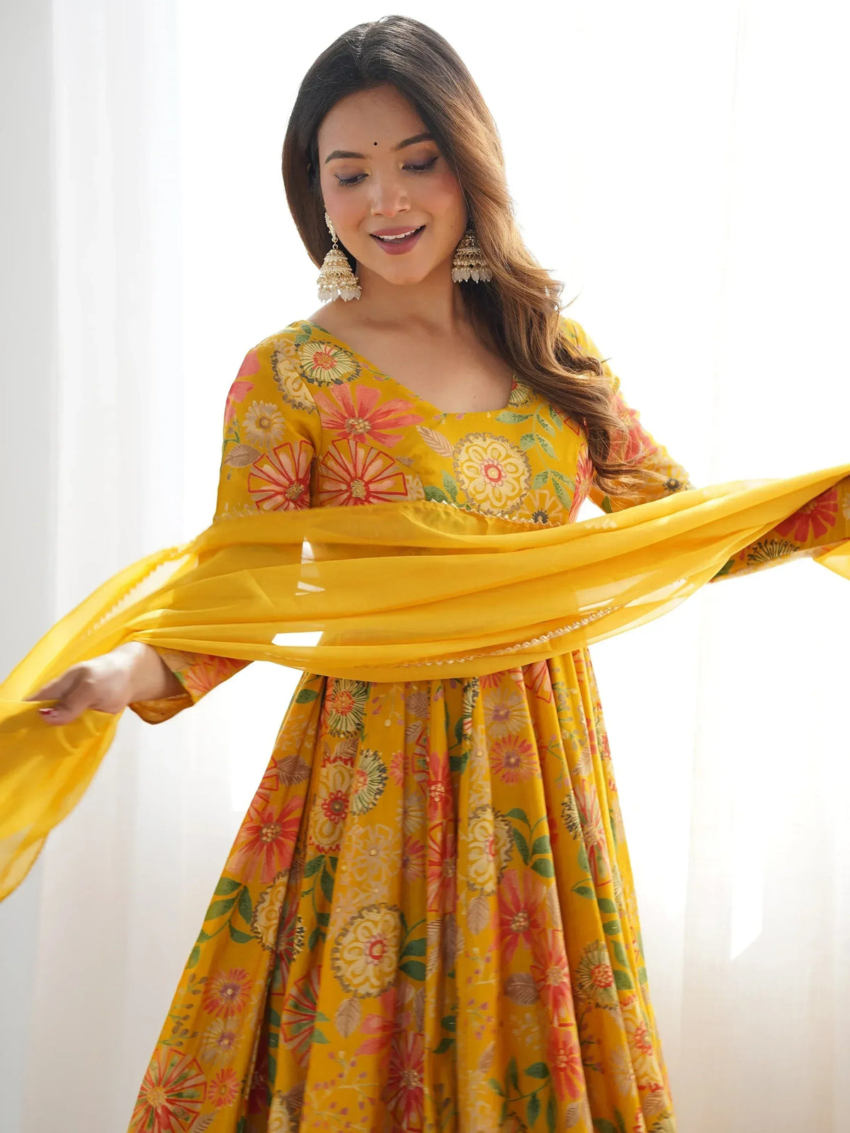 Attractive Yellow Floral Printed Silk Festival Wear Palazzo Suit With Dupatta