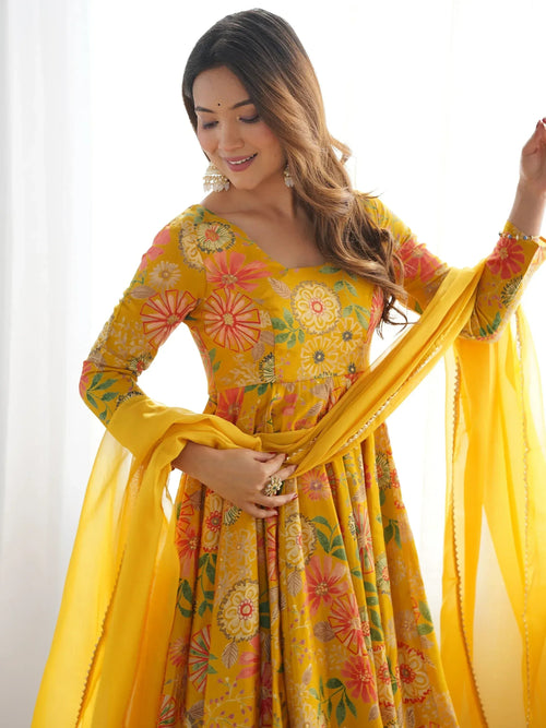 Attractive Yellow Floral Printed Silk Festival Wear Palazzo Suit With Dupatta