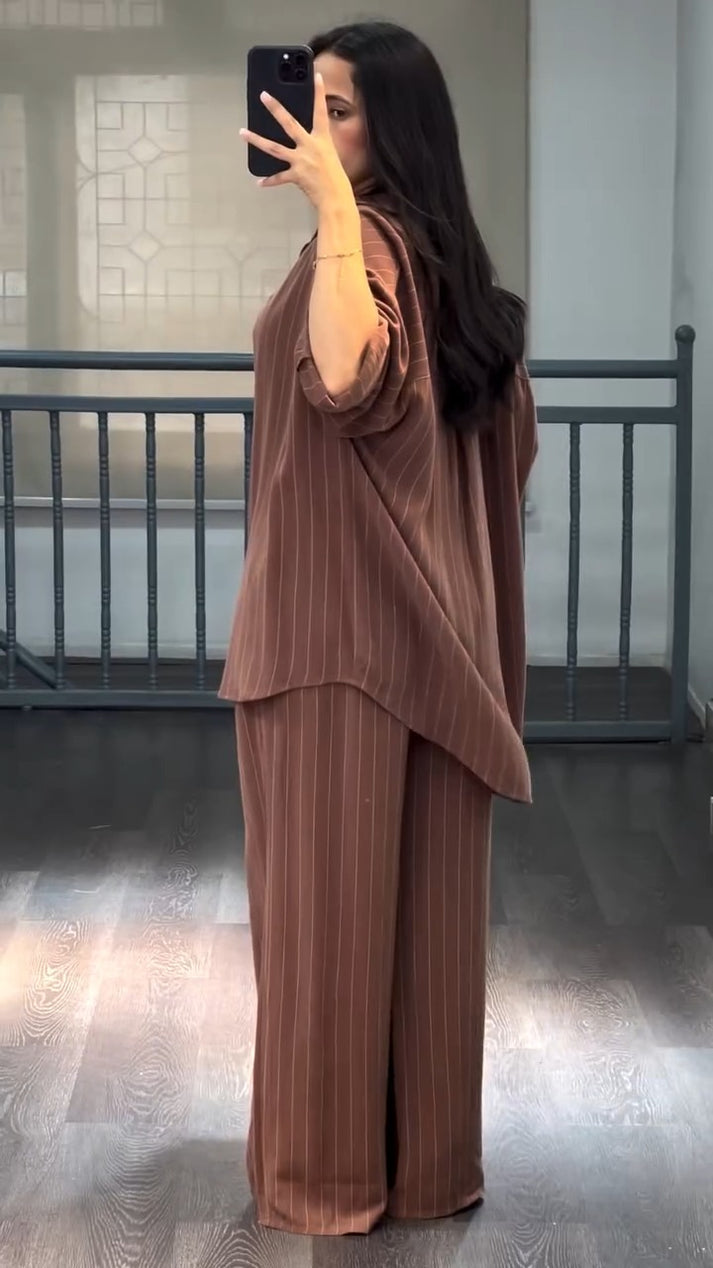 Brown Cotton Striped Co-ord Set