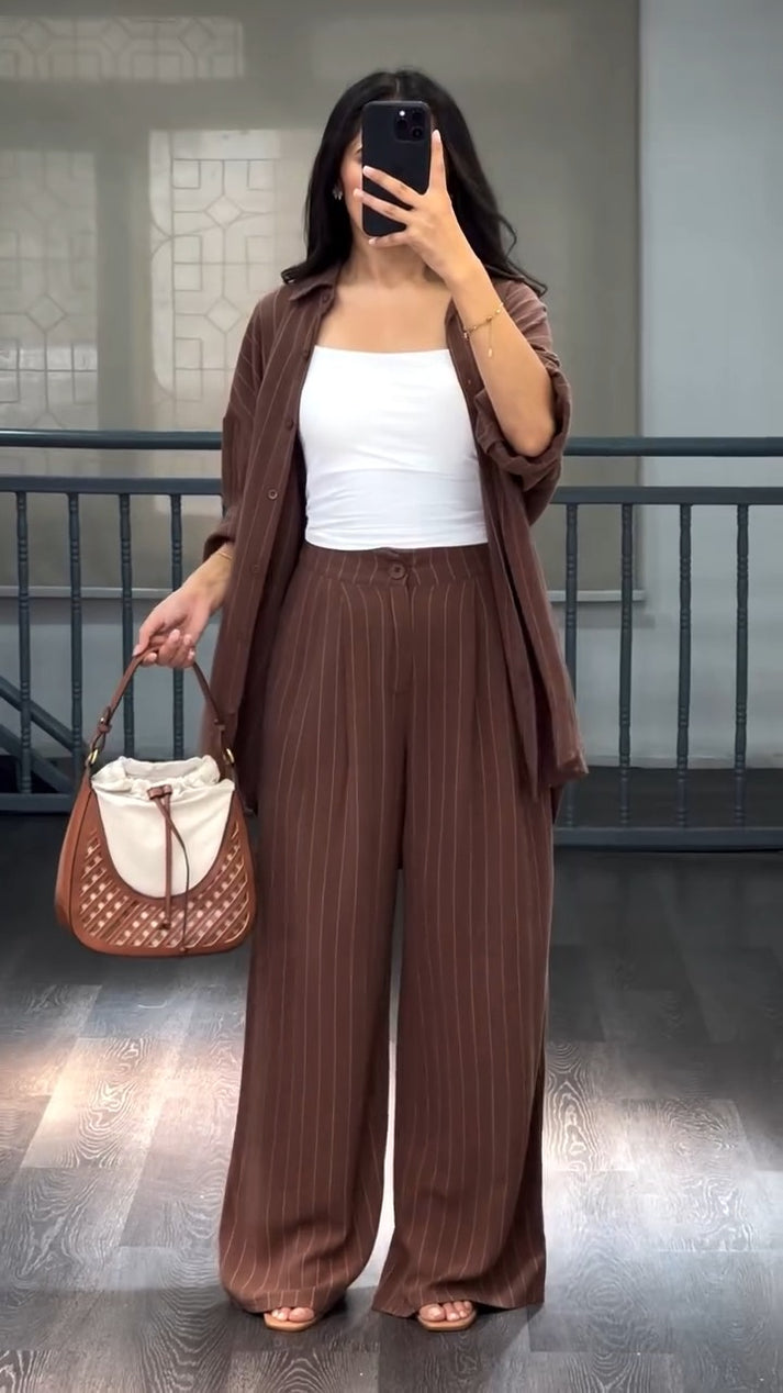 Brown Cotton Striped Co-ord Set
