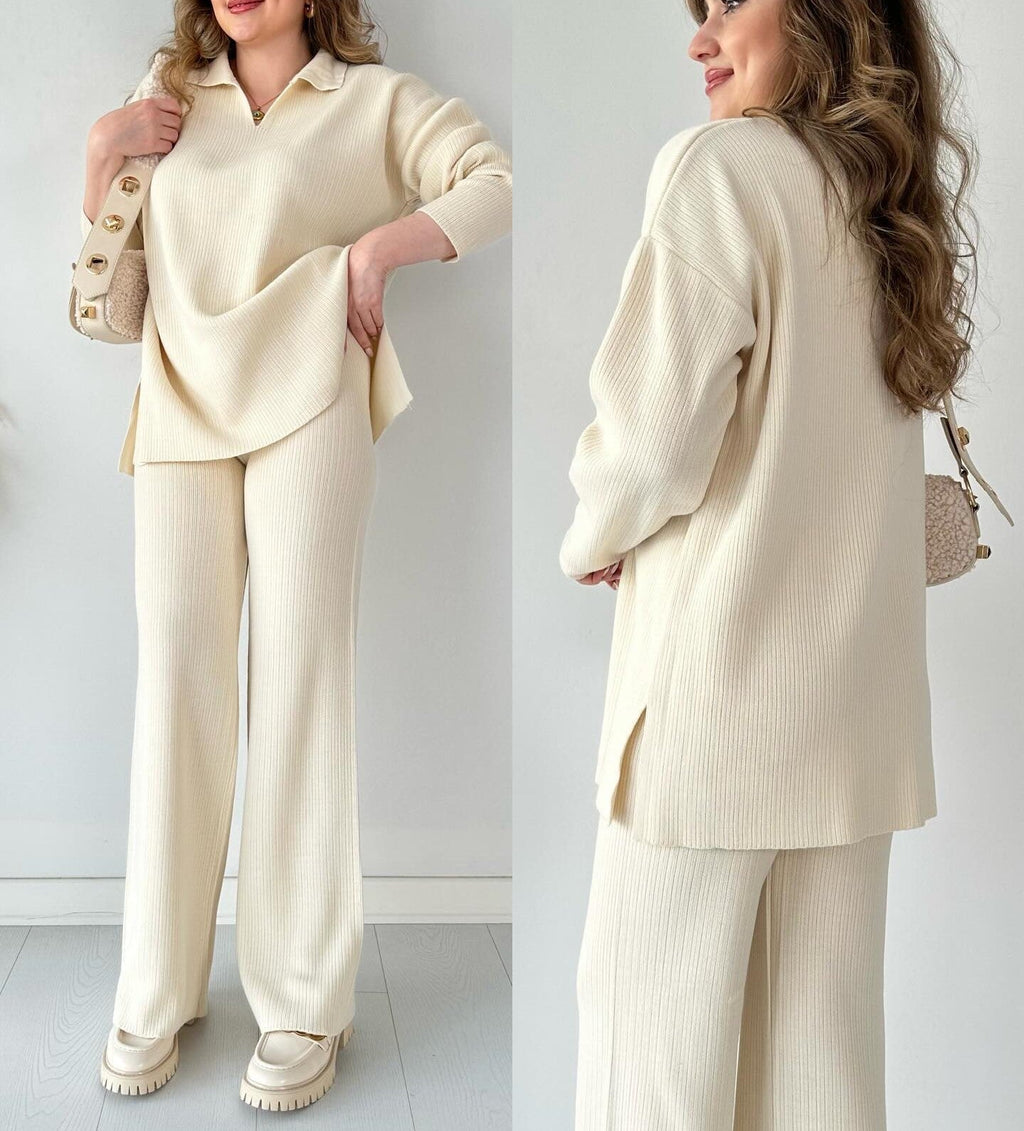 winter v-neck casual slit knitted two piece set