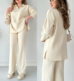 winter v-neck casual slit knitted two piece set