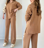 winter v-neck casual slit knitted two piece set