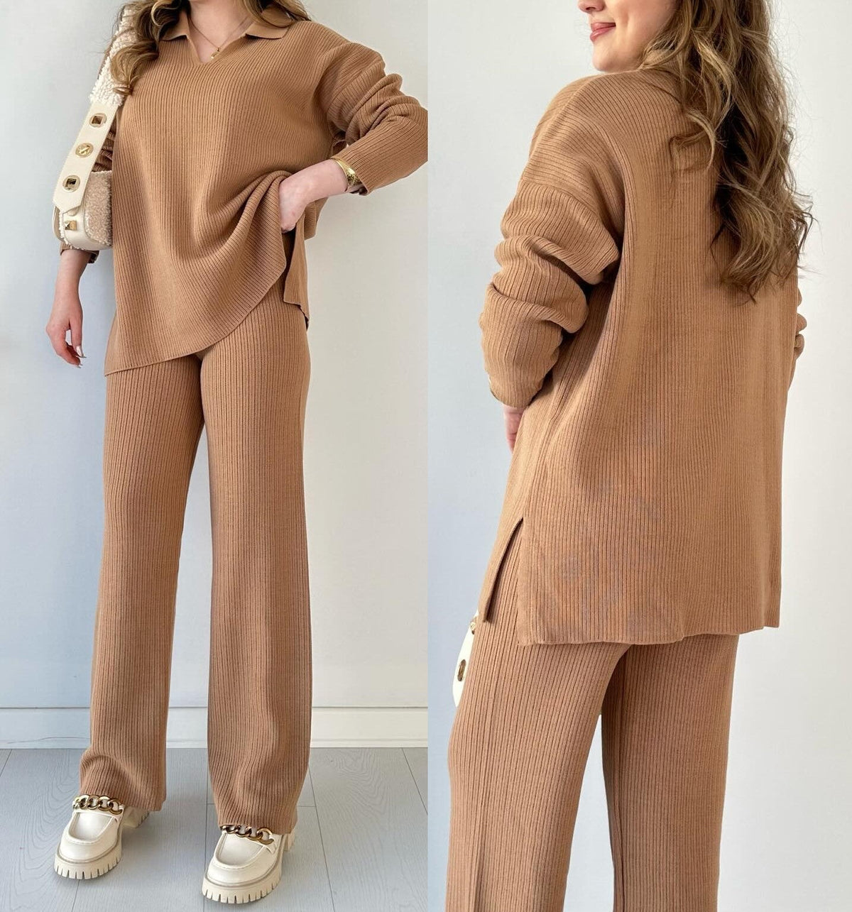 winter v-neck casual slit knitted two piece set