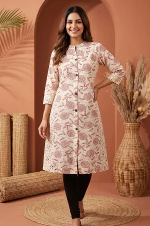 Cream A Line Princess Cut Cotton Kurta with Dark Red Print - photo 1