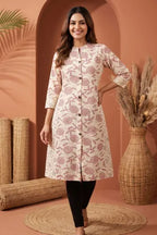 Cream A Line Princess Cut Cotton Kurta with Dark Red Print - photo 1