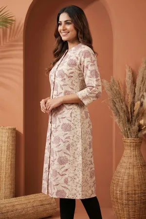 Cream A Line Princess Cut Cotton Kurta with Dark Red Print - photo 2
