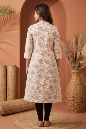 Cream A Line Princess Cut Cotton Kurta with Dark Red Print - photo 4