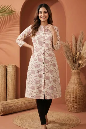 Cream A Line Princess Cut Cotton Kurta with Dark Red Print - photo 5