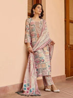 Women Cream Printed Cotton Kurta Pant Dupatta Set