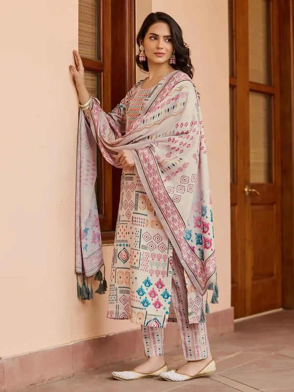 Women Cream Printed Cotton Kurta Pant Dupatta Set